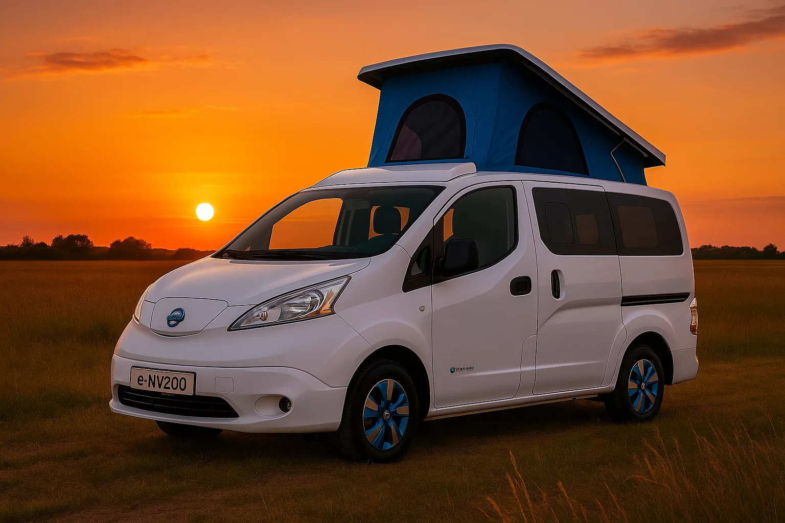 Electric camper van parked at sunset